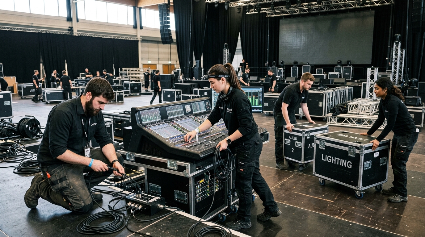 Techniker beim Aufbau und Soundcheck an Mischpult