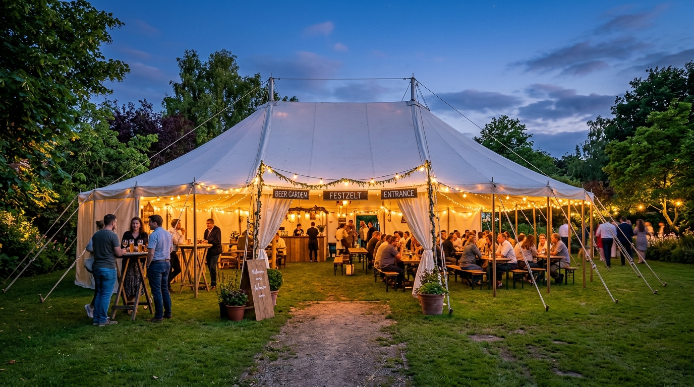 Festzelt am Abend mit Lichterketten und Gästen