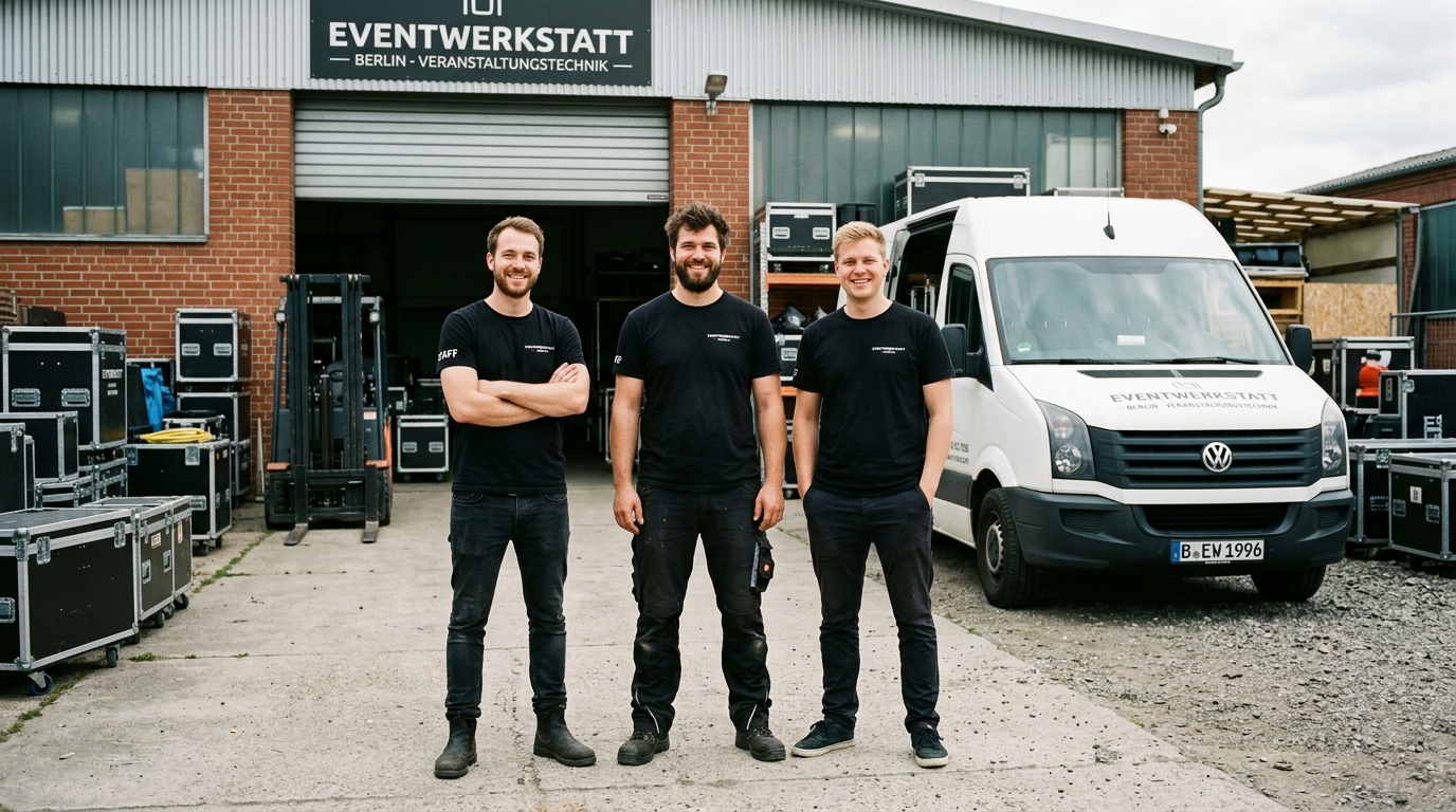 Das Team und die Gründer von Eventhütte vor dem Lager